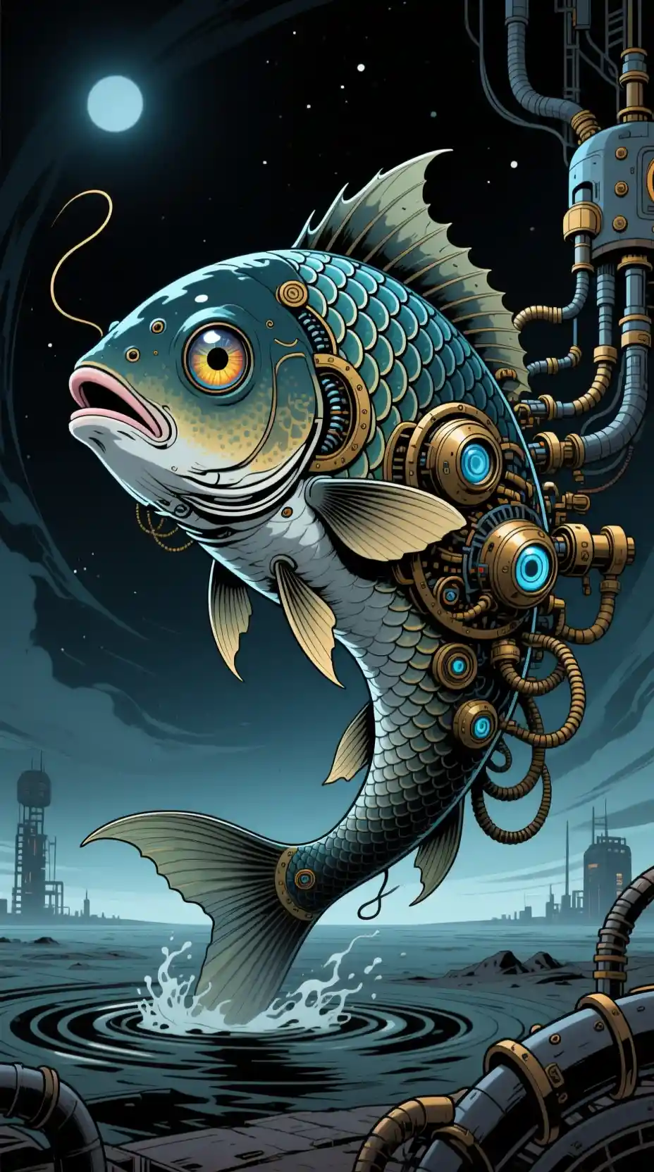 Pesce distopico cibernetico che emerge da un orizzonte oscuro