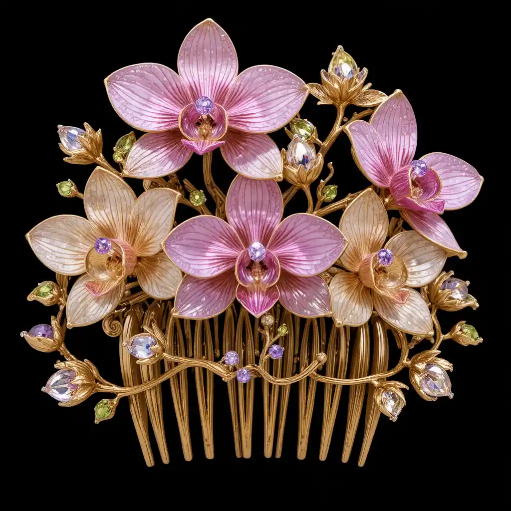 Goldener Orchideen-Haarkamm mit bunten Edelsteinblüten