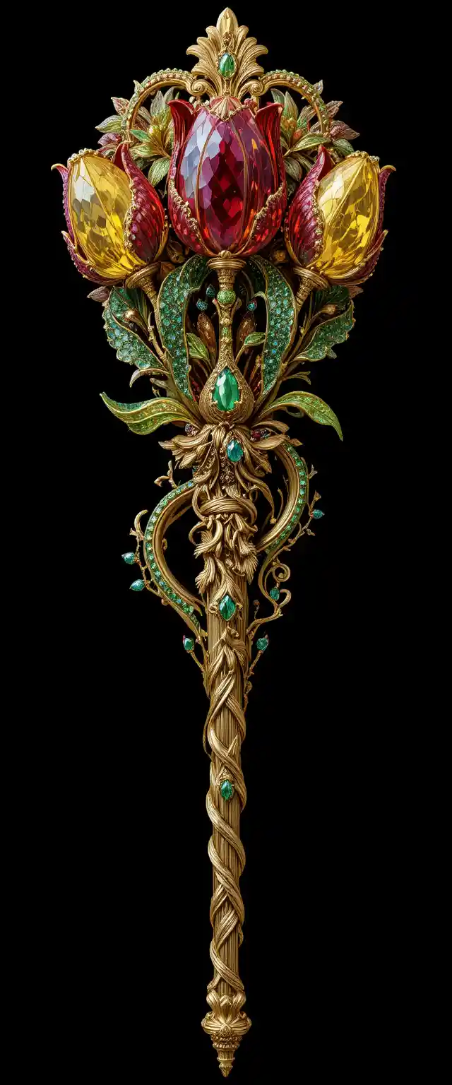 Gemstone tulip scepter with ornate golden handle on black