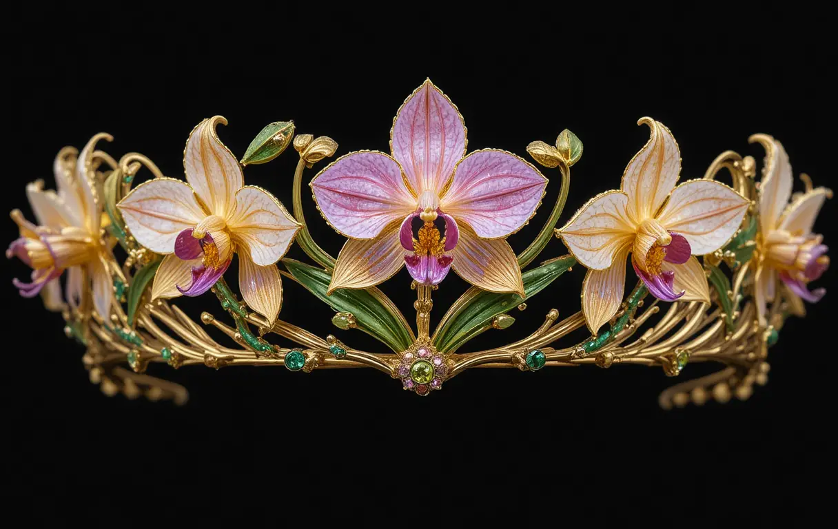 Tiara dourada com flores de orquídea em gemas sobre fundo preto