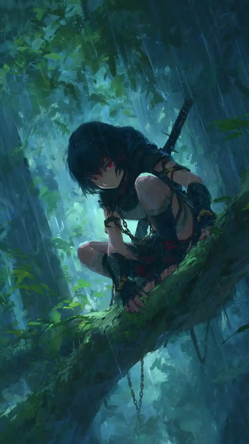 Guerreira de anime em uma árvore da floresta tropical sob chuva forte