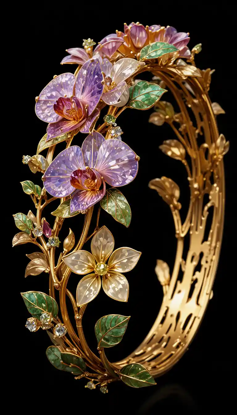 Bracciale in oro con motivo orchidea e fiori di gemme colorate