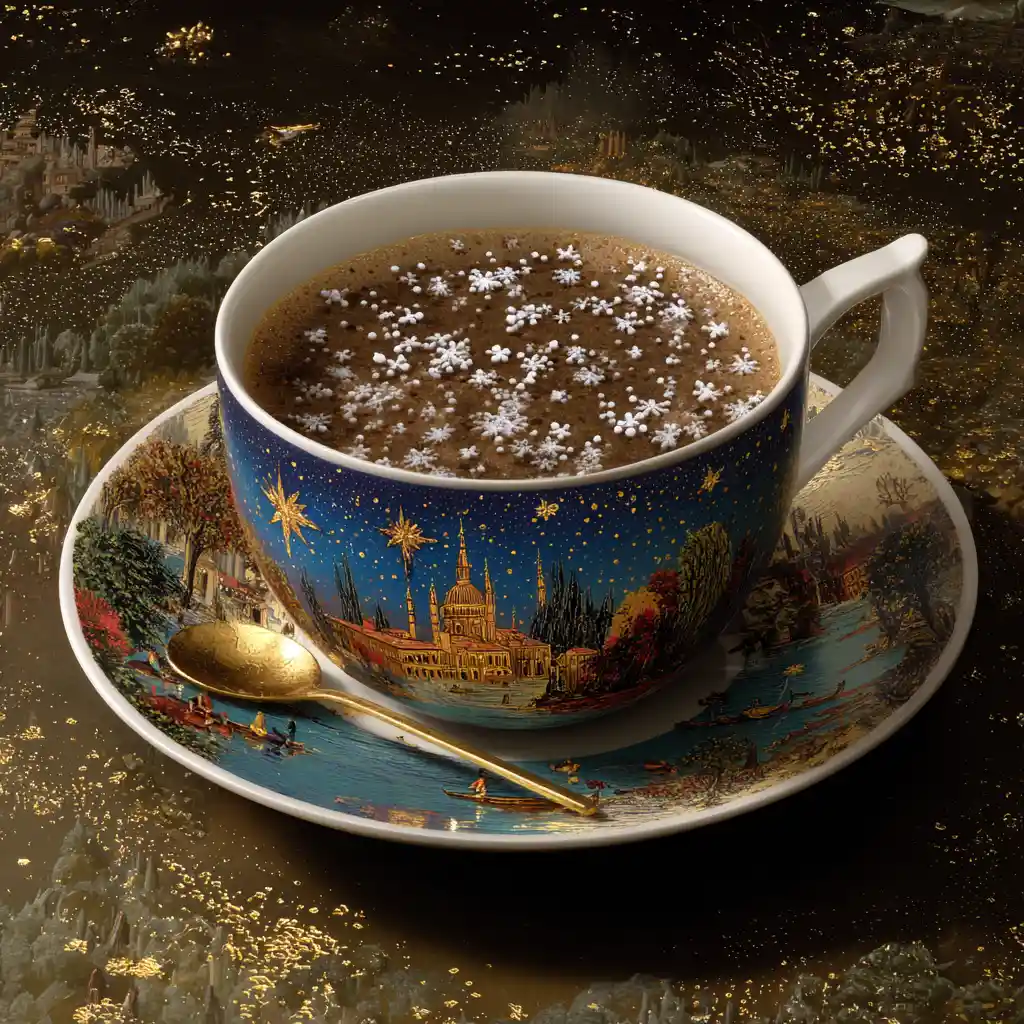 Xícara surreal de café com suaves flocos de neve leitosos em redemoinho
