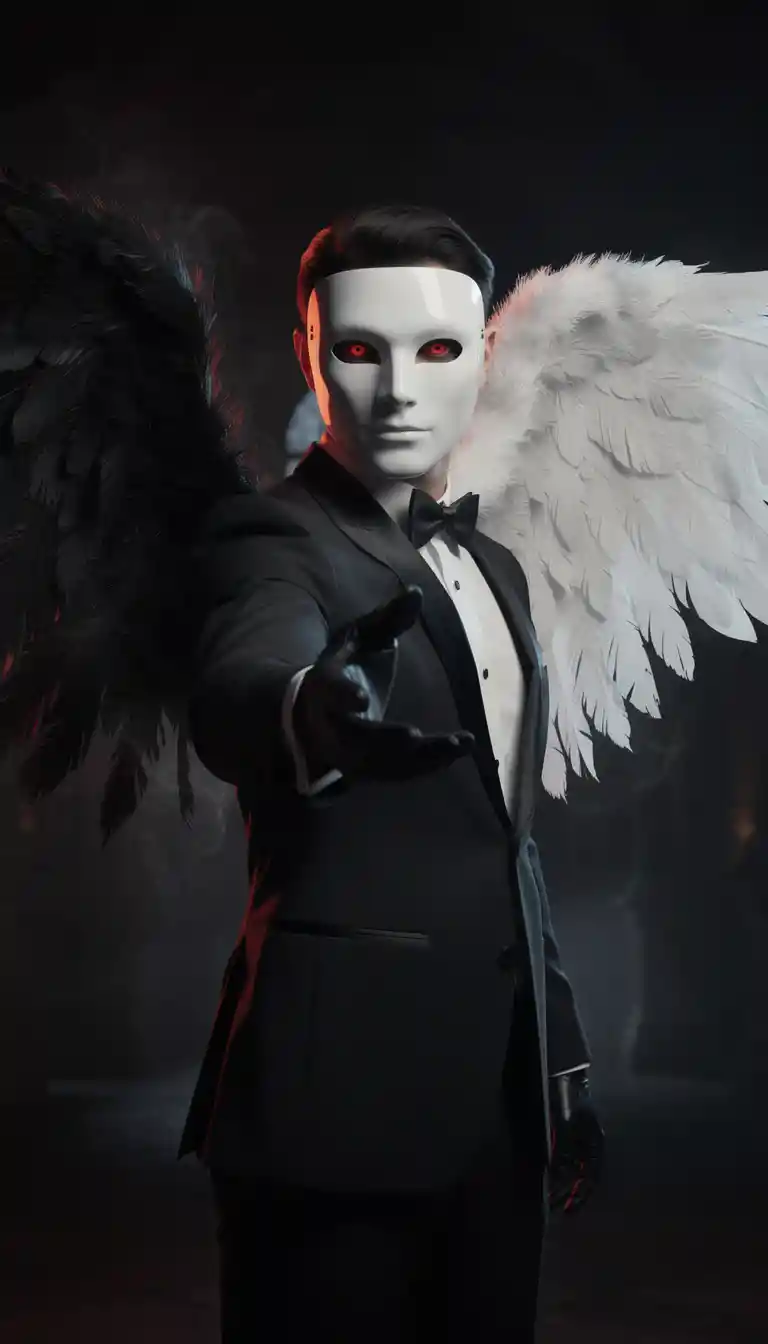 Masked man with angel and demon wings reaching from shadows