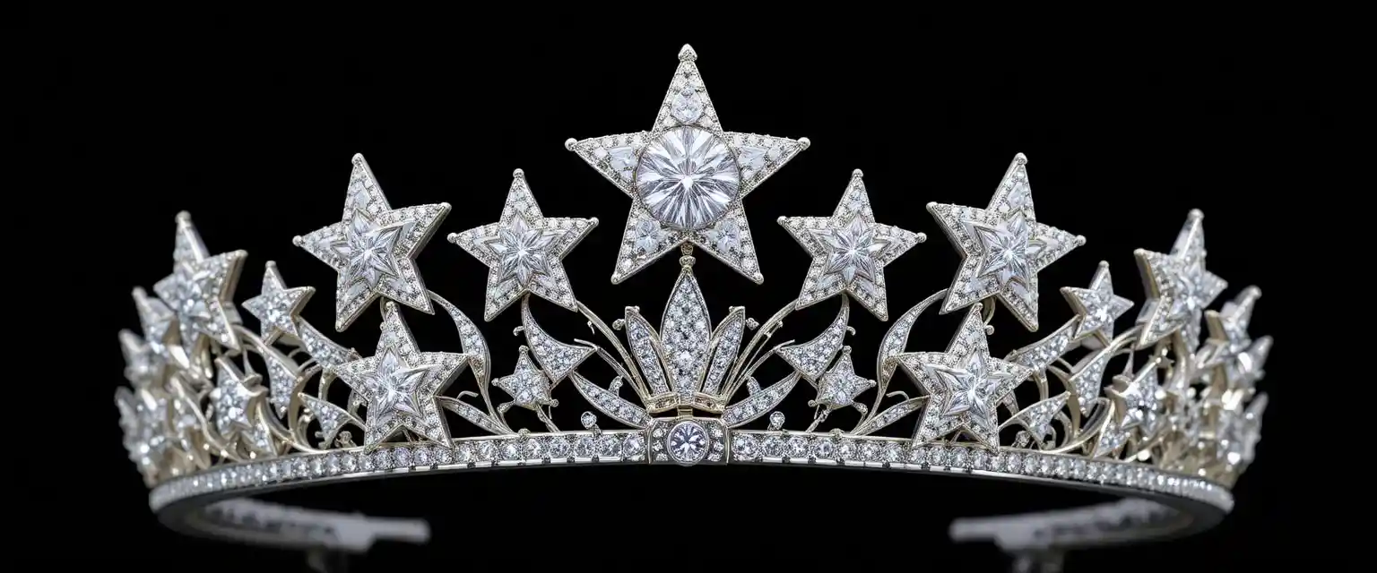 Tiara de ouro branco com estrelas de diamante em fundo preto