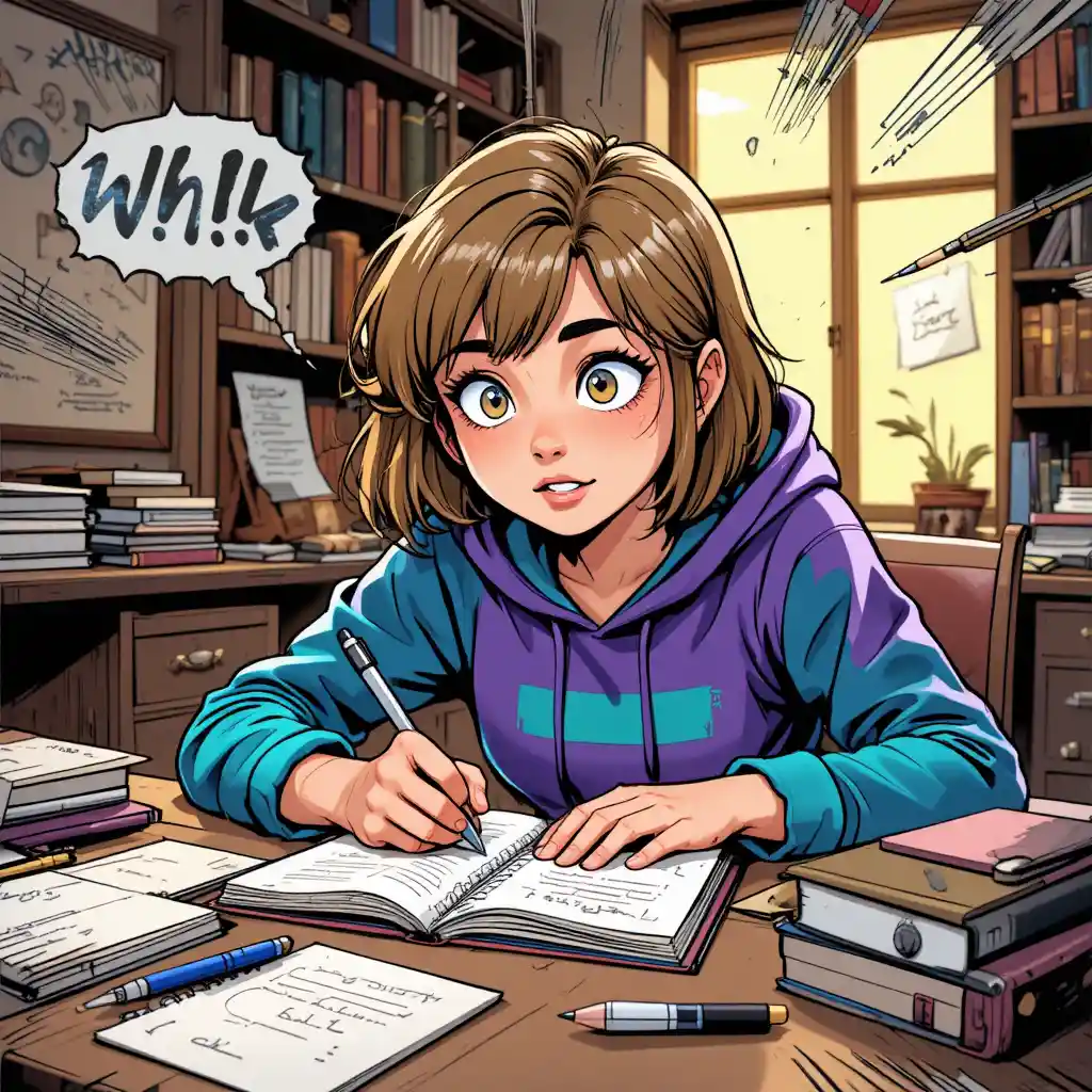 Curious teen girl writing at a desk in comic style