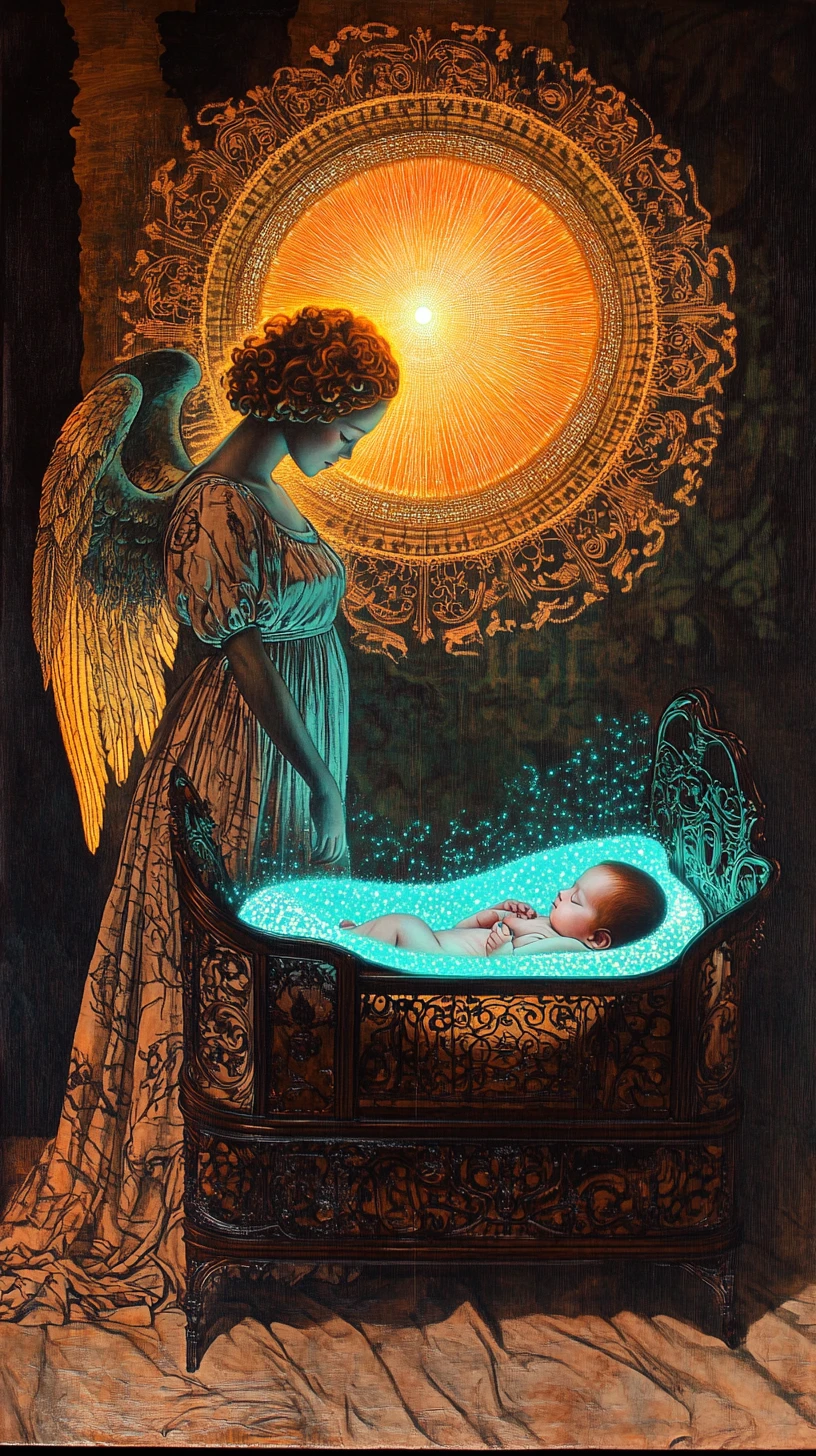 Angelo custode che veglia su un neonato in una nursery fantasy