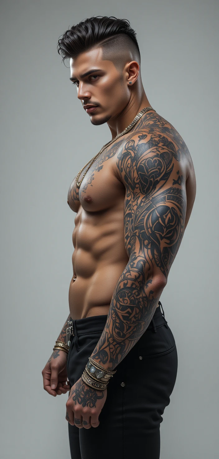 Muscular bling man with nose piercing and tattooed arms