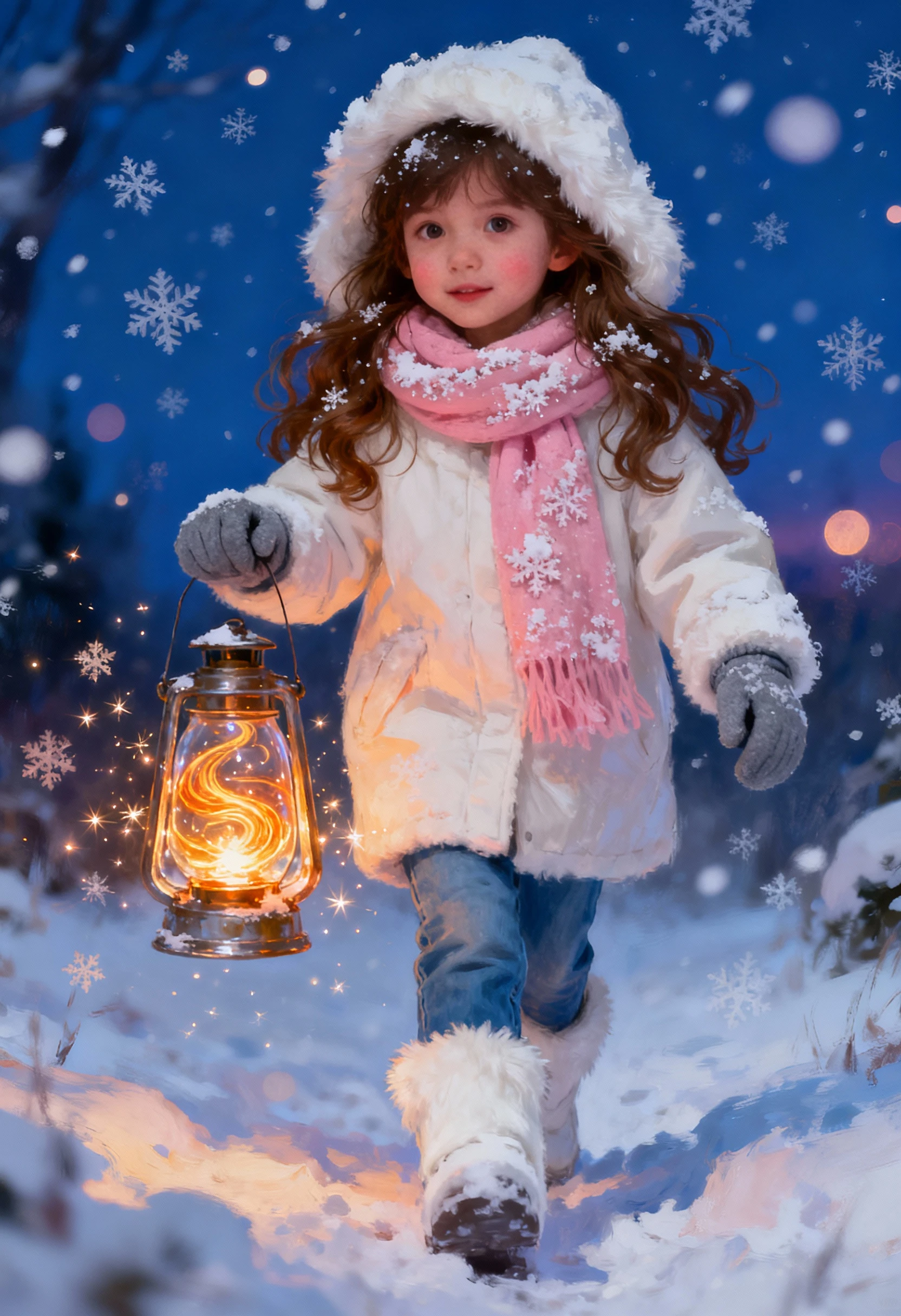 Bambino con lanterna che cammina in una notte invernale nevosa