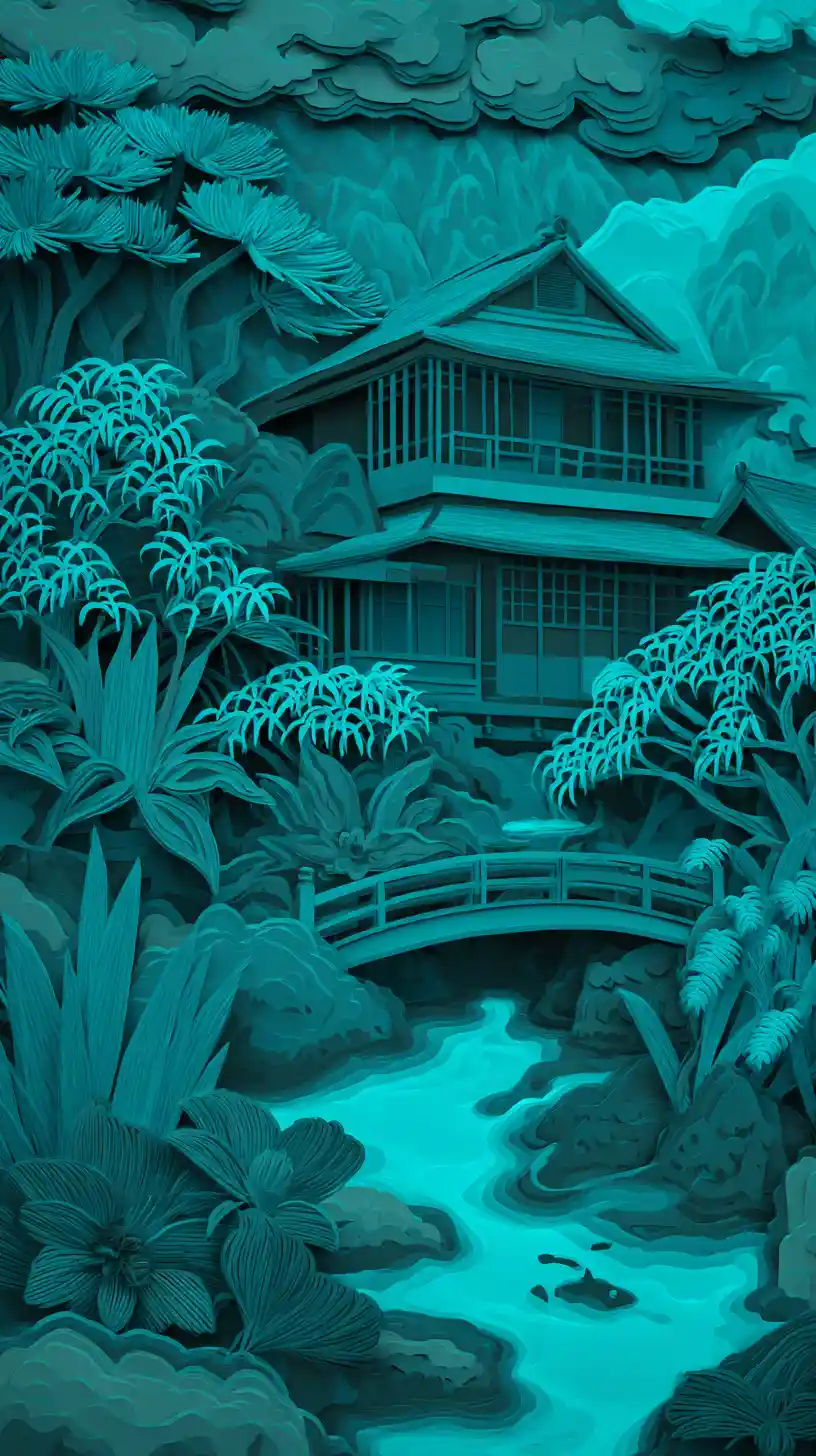 Japanisches Haus und Koiteiche im geschichteten Papercut-Garten