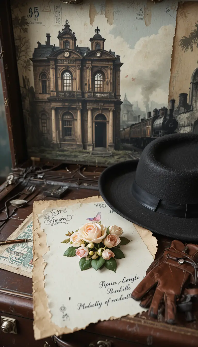 Vintage still life with roses, stamps and pastel butterfly