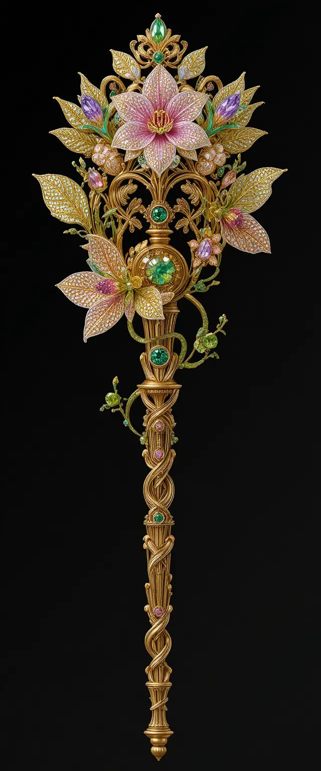 Jeweled golden scepter with gemstone freesia flowers on black