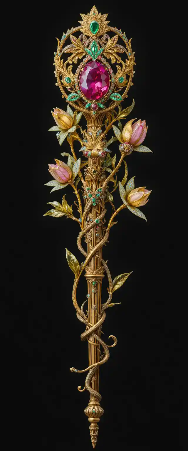 Gemstone tulip scepter with ornate golden handle on black