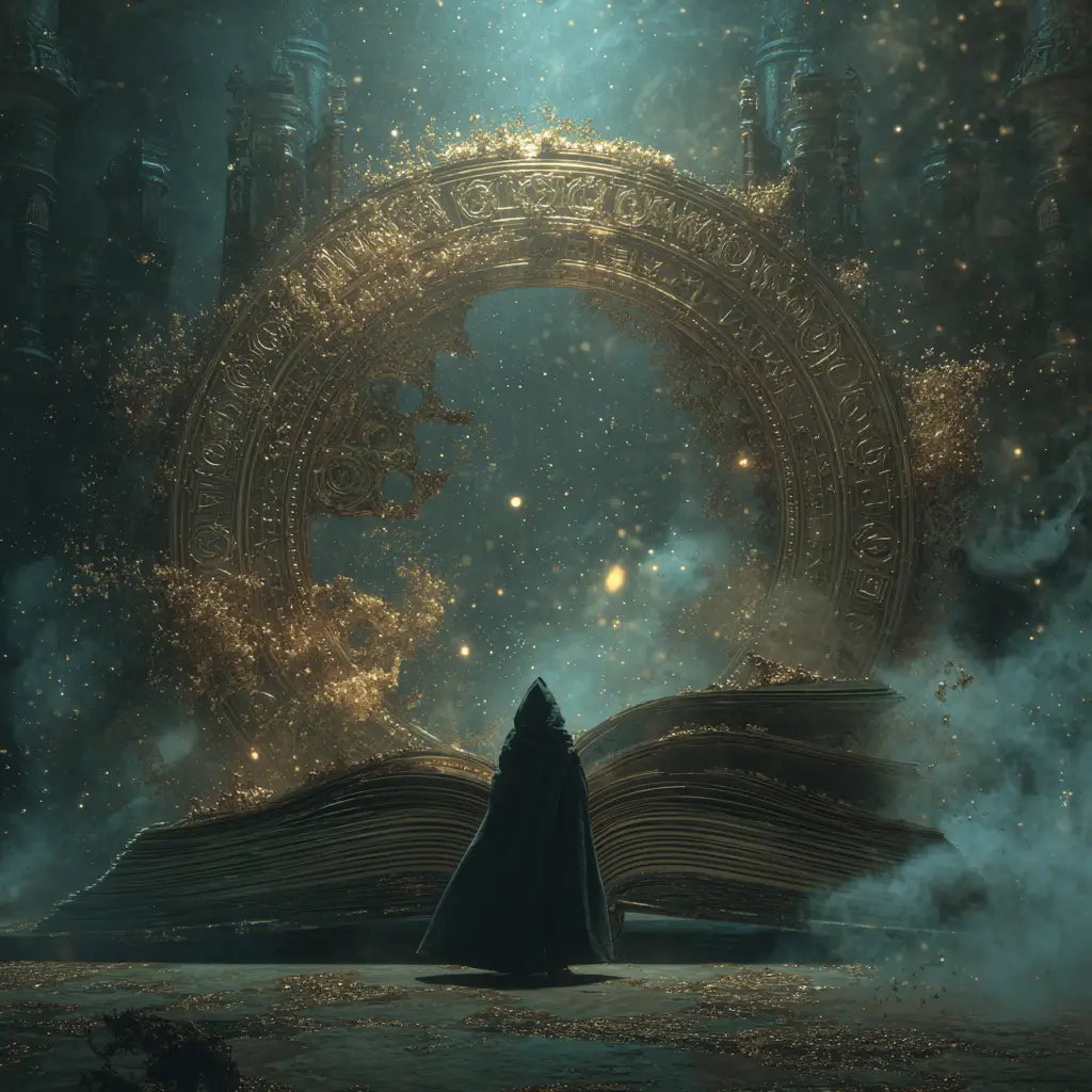 Steampunk witch before a glowing ancient tome portal