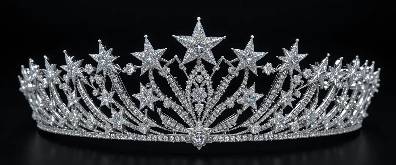 Tiara de ouro branco com estrelas de diamante em fundo preto