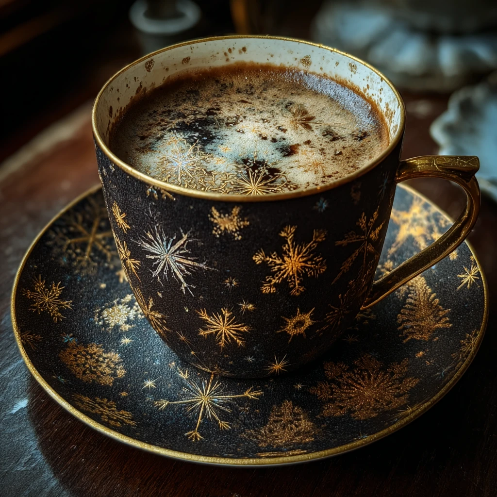Tasse de café surréaliste avec des flocons de neige blancs flottants