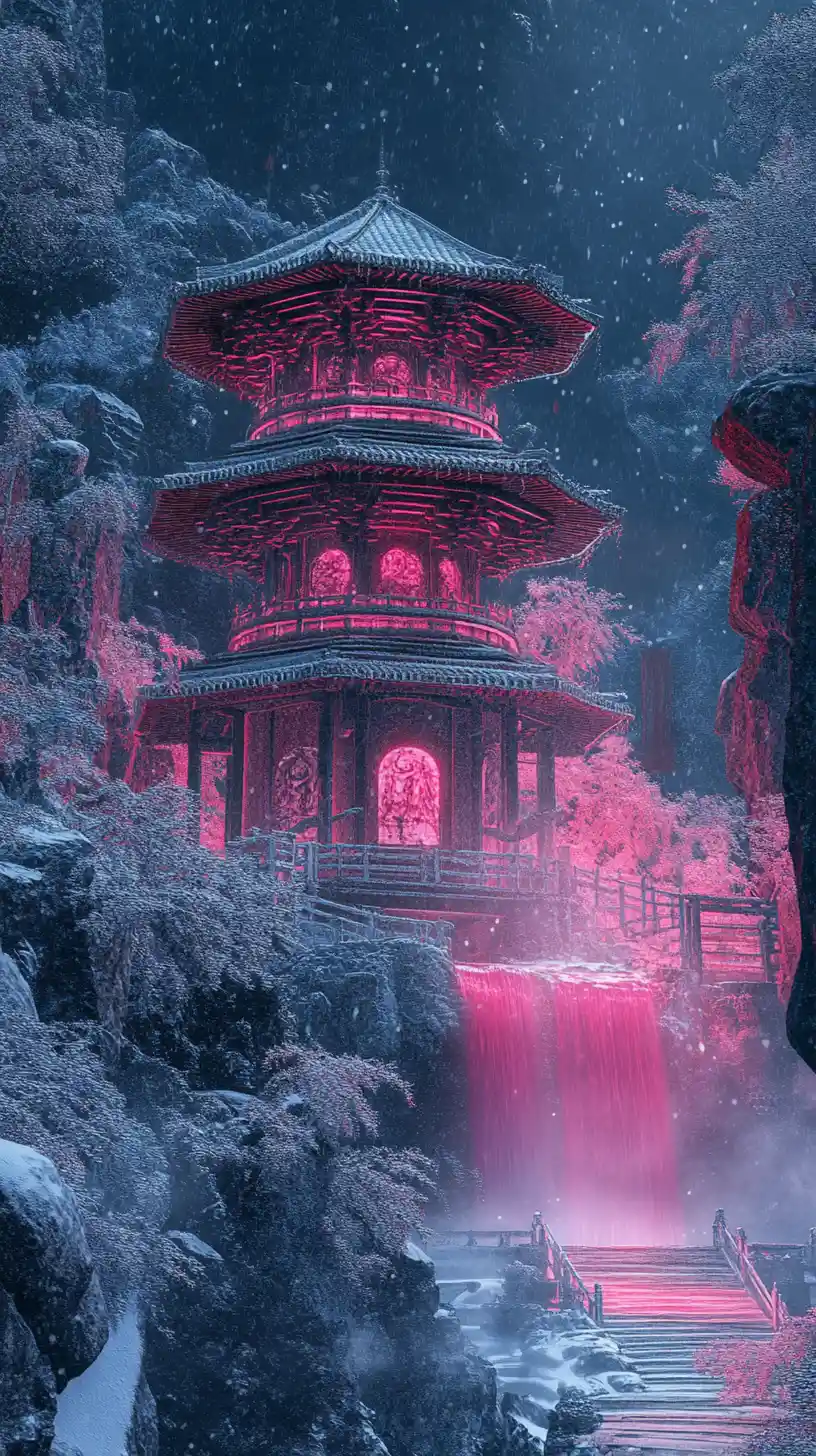 Snowy Japanese palace with waterfalls in fantasy landscape