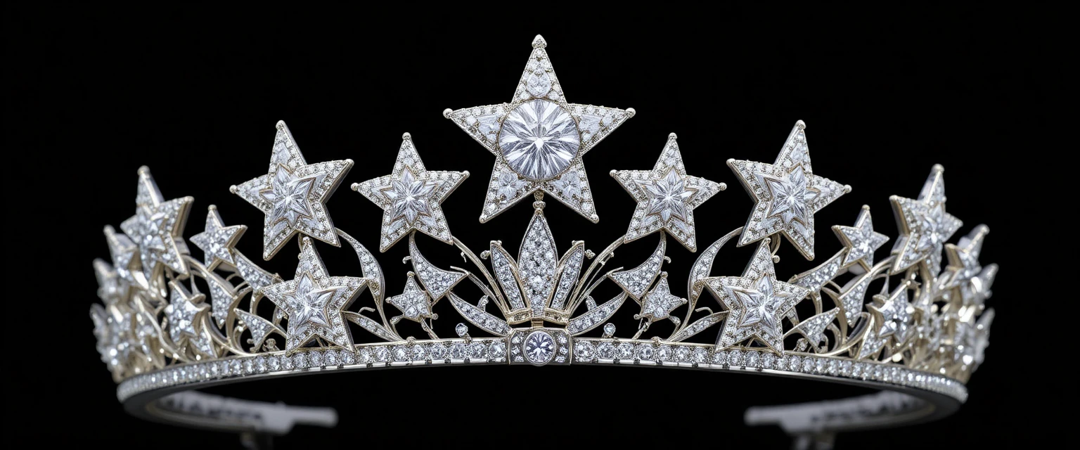 Tiara de ouro branco com estrelas de diamante em fundo preto