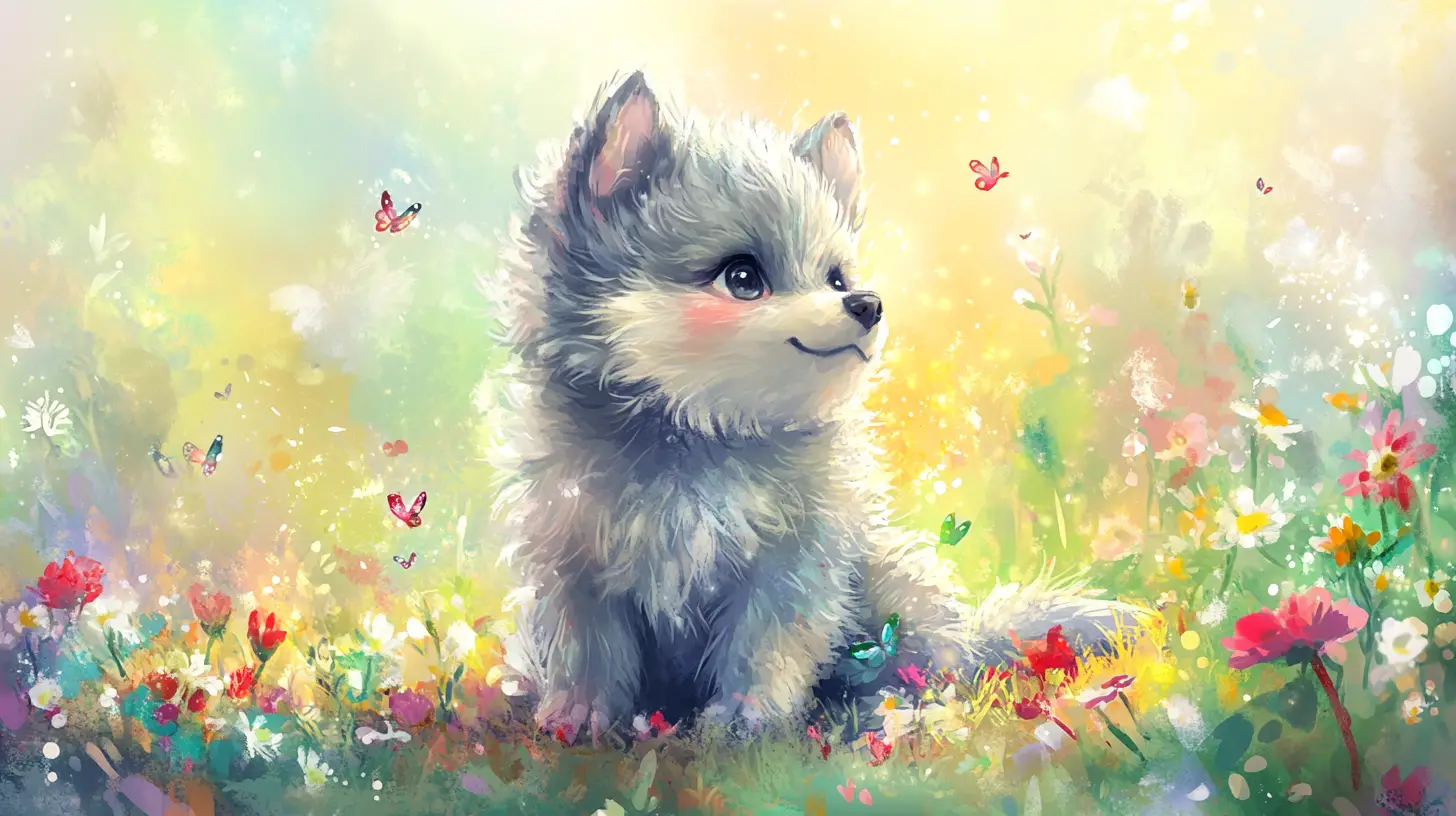 Cute baby wolf pup in a sunny watercolor meadow