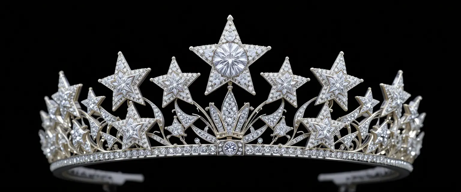 Tiara de ouro branco com estrelas de diamante em fundo preto