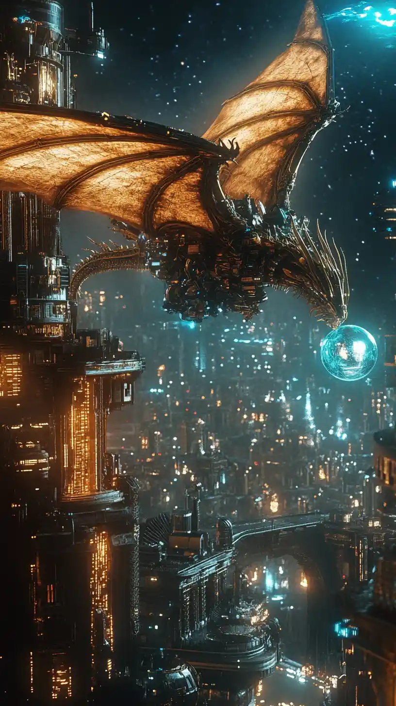 Vaisseau-dragon mécanique au-dessus d’une sombre ville cyberpunk