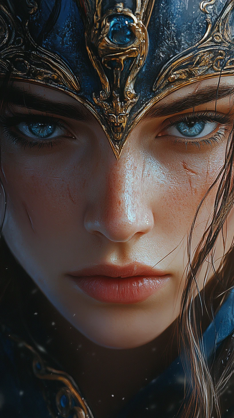 Fierce female warrior portrait in ornate blue and gold helmet