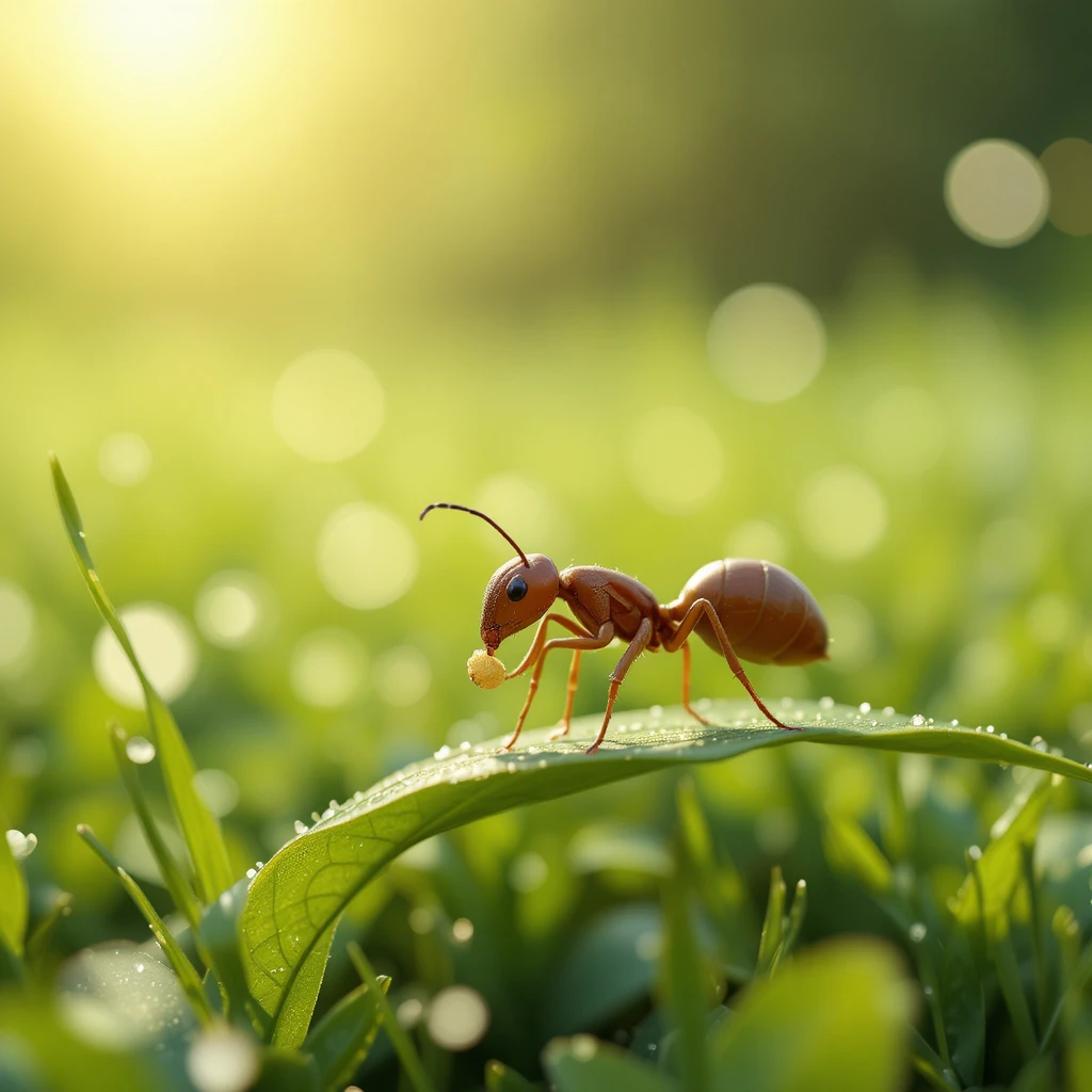 Tiny ant carrying food grain in sunlit summer meadow