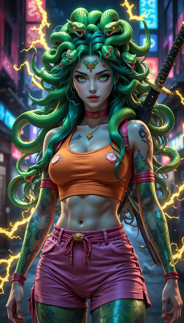 Anime snake haired warrior woman with neon lightning power