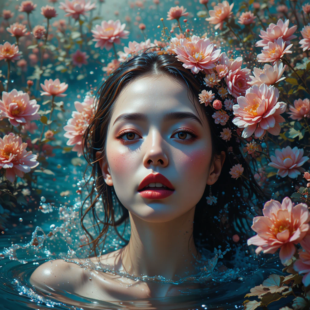 從水中浮現並被眾多花朵環繞的女子