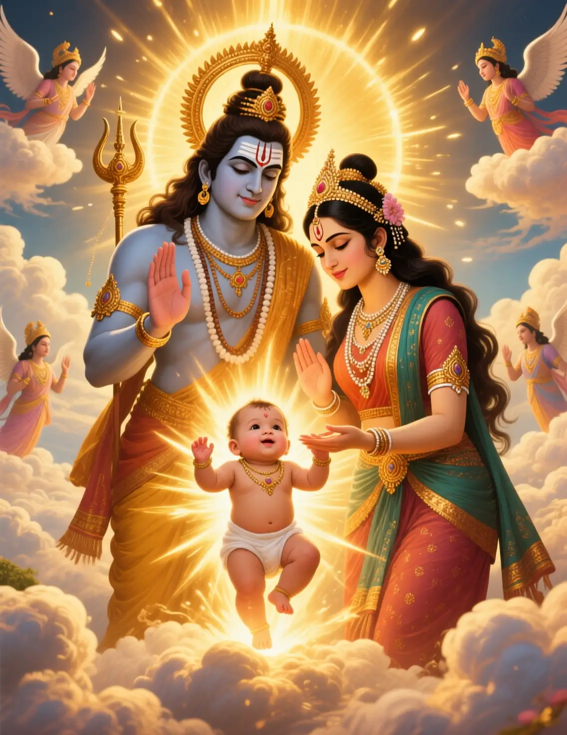 Divine infant born in radiant heavenly mythological scene