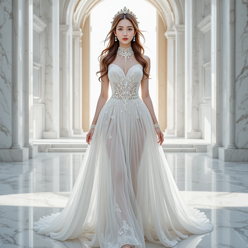 Mujer coreana elegante con vestido de alta costura blanco en la pasarela