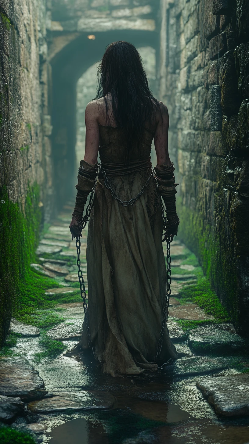 Young woman shackled in a dark medieval dungeon