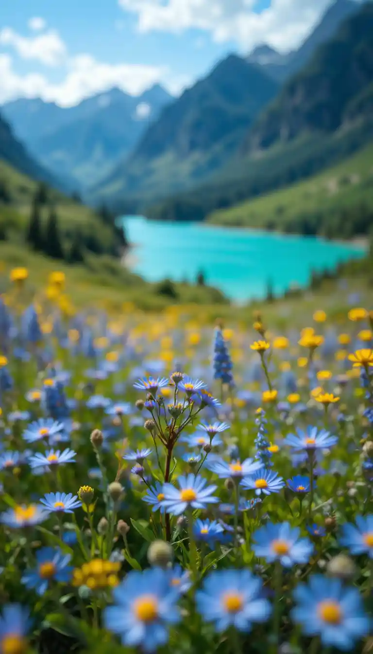 Tranquillo lago turchese che serpeggia attraverso una verde valle di montagna