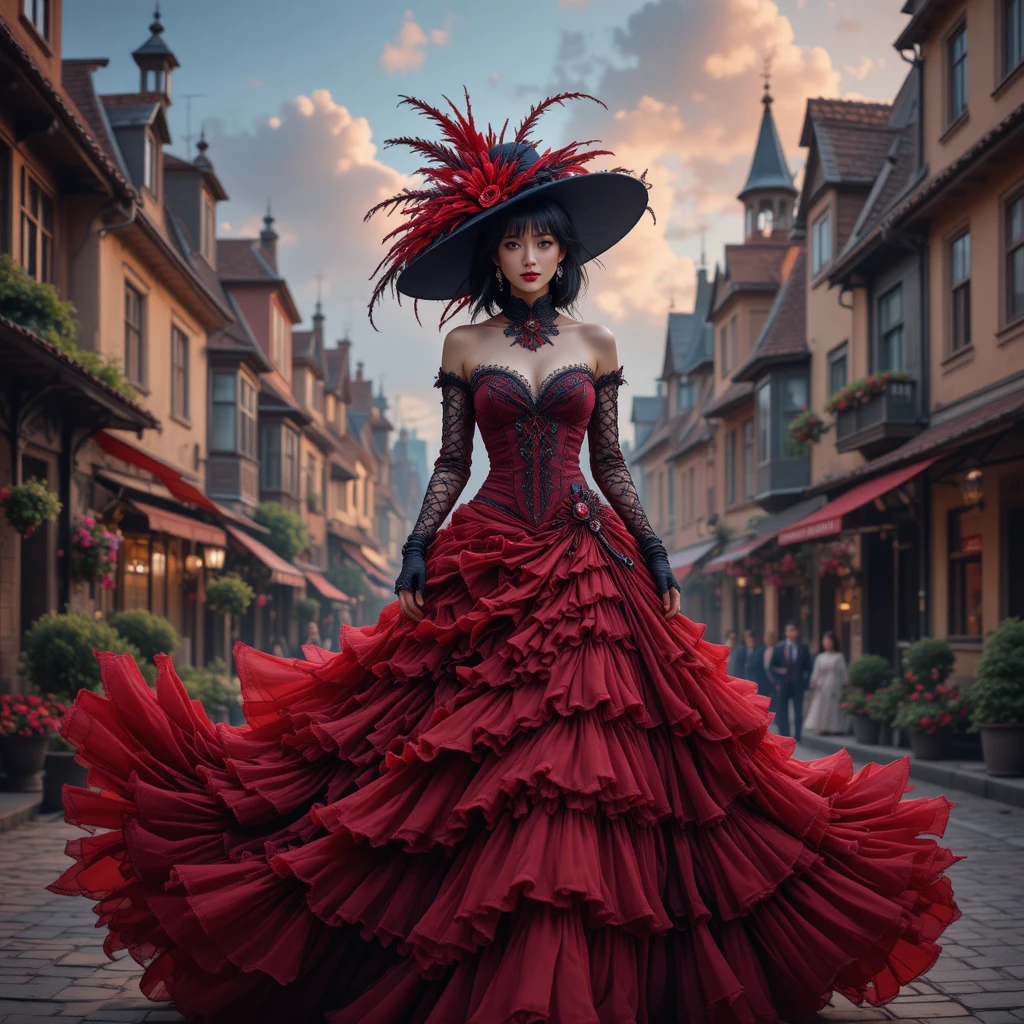 Elegant woman in red gothic dress walking through town