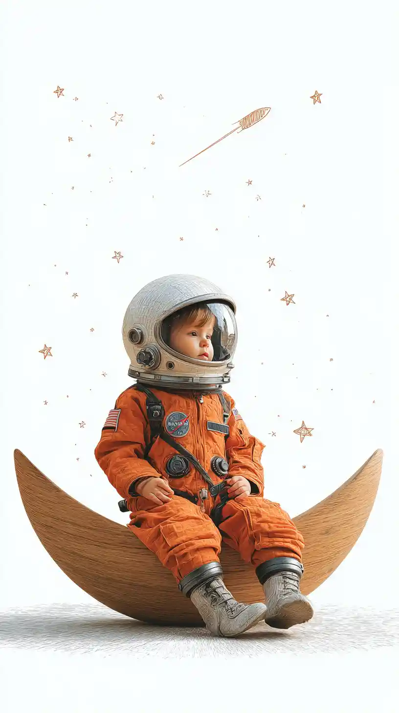 子どもらしい星空の背景に浮かぶ木の月と赤ちゃん宇宙飛行士