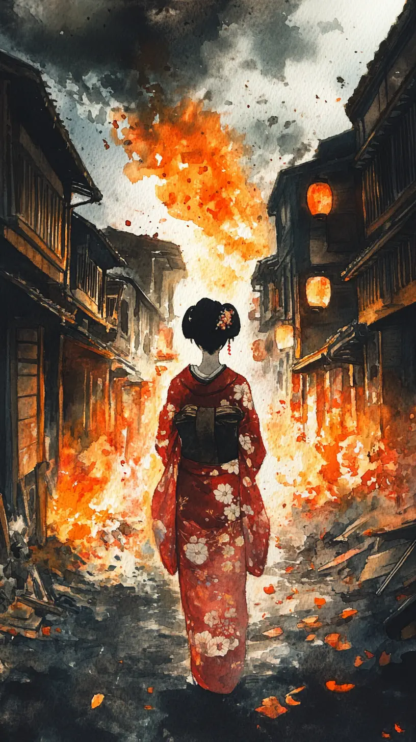 붉은 기모노의 게이샤가 불타는 에도 거리를 바라보다