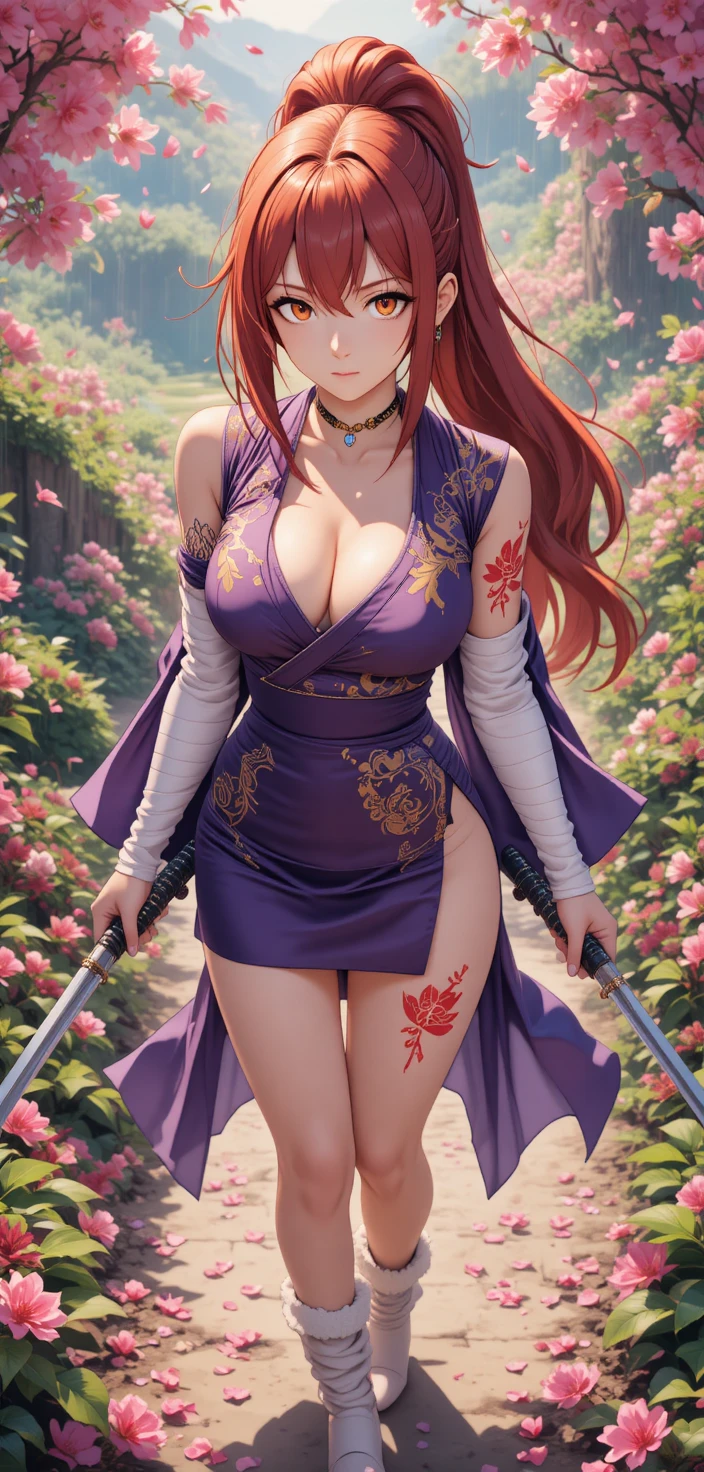 Anime warrior woman in kimono with katanas in cherry garden