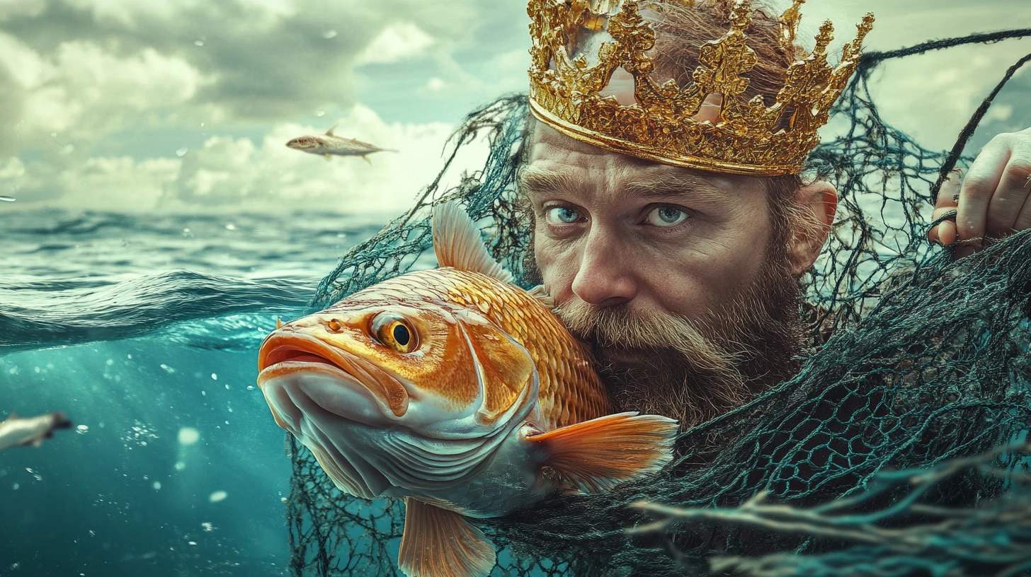 Fisherman Lifting A Golden Crowned Fish From The Ocean Nets