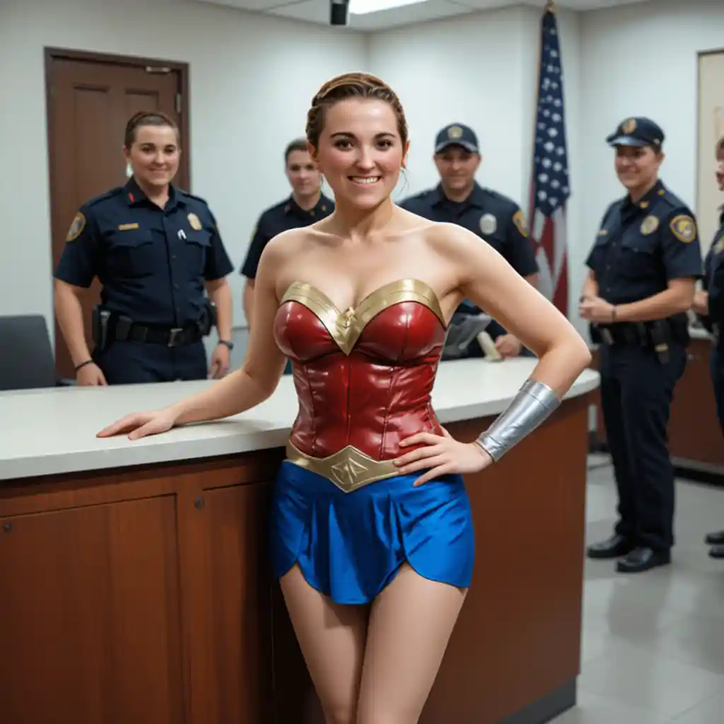 Woman in superhero costume at government office reception desk