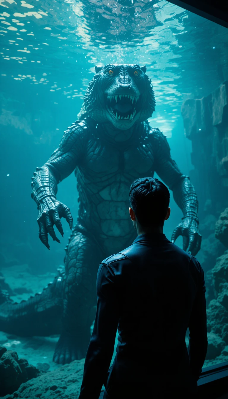 Human and hybrid predator at underwater observation window