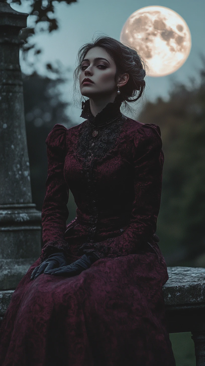 滿月下的暗紅色洋裝女子
