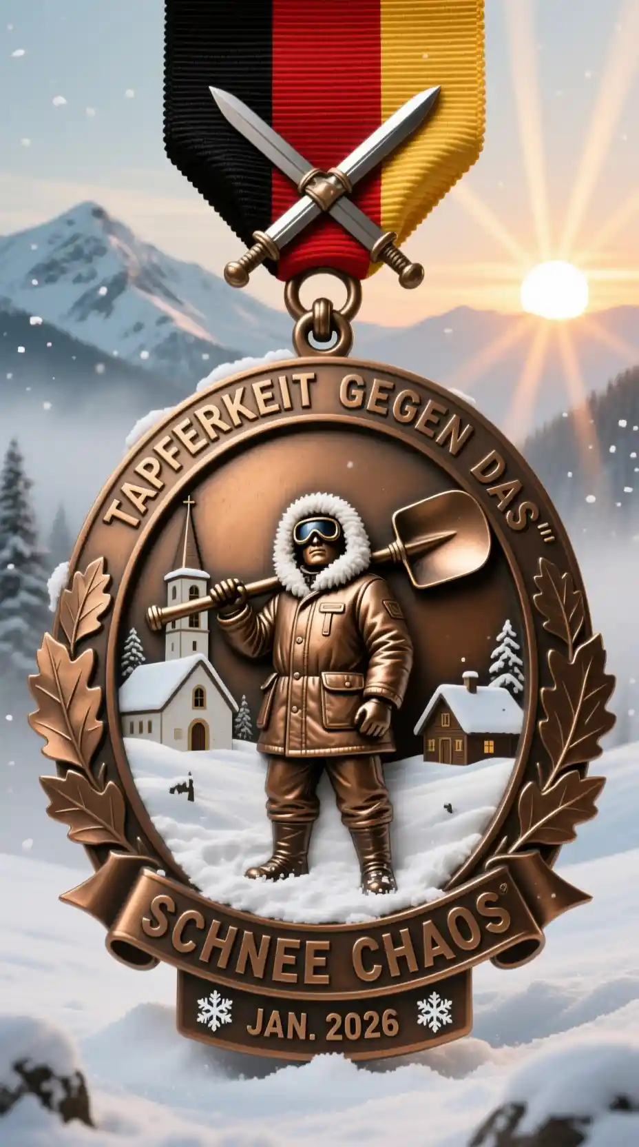 Medalla satírica de heroísmo invernal en aldea nevada