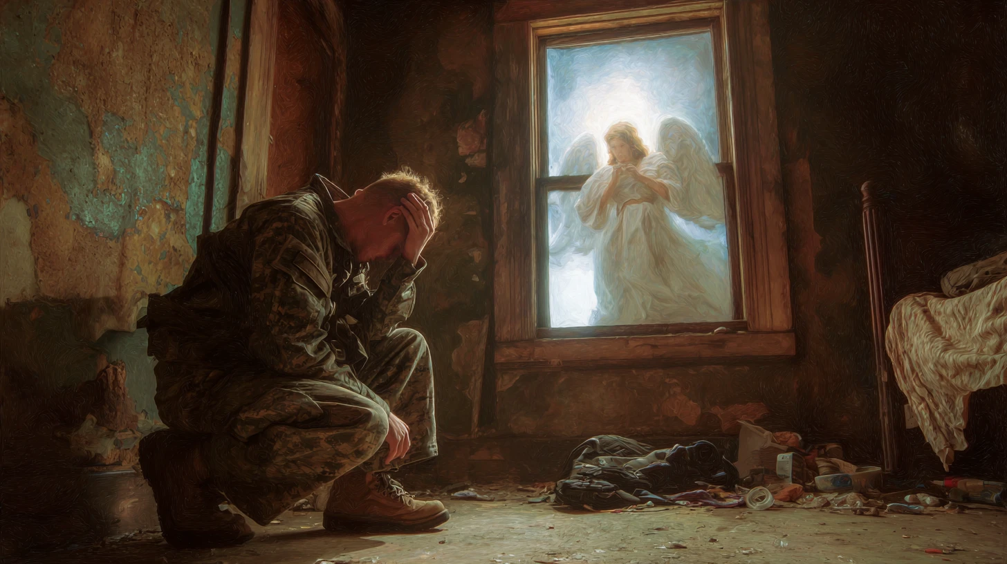 Alter Veteran in zerschlissener Uniform allein im trostlosen Hotelzimmer