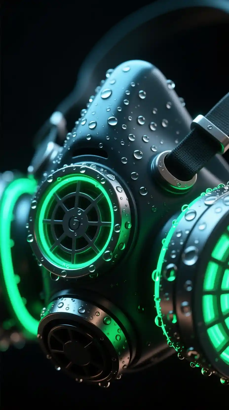Ultra primo piano di maschera respiratoria al neon che brilla nel buio