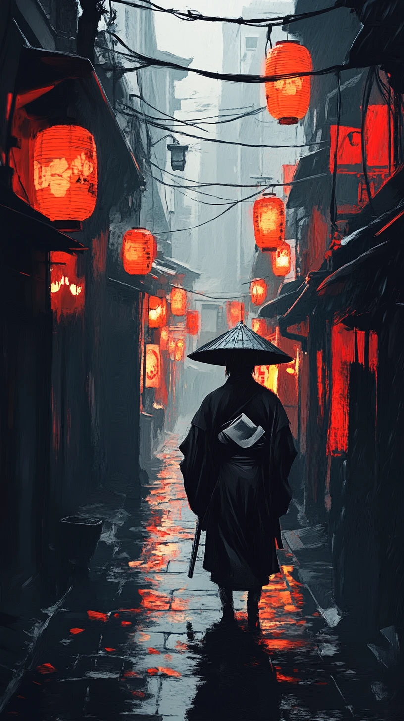 Lone ninja in misty japanese alleyway ukiyo e style