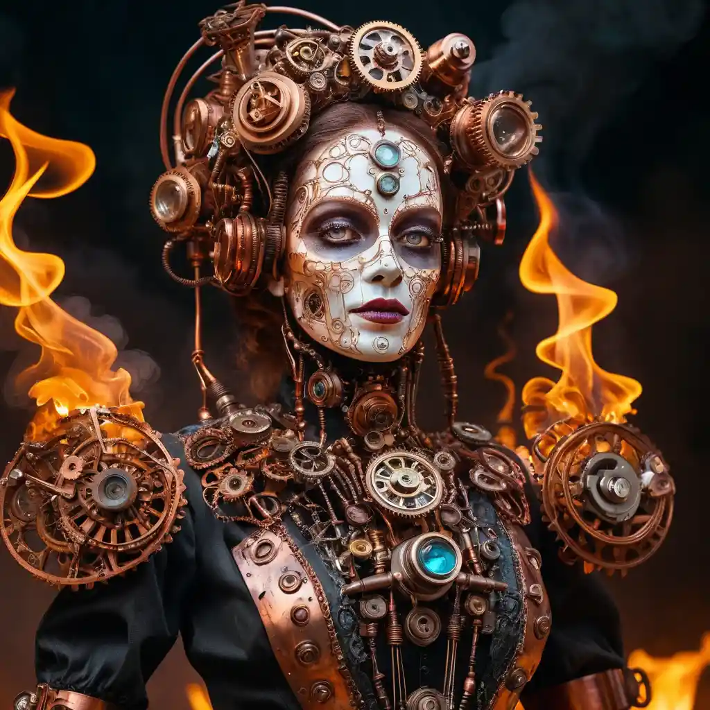 Viktorianische Cyborg-Aristokraten inmitten wirbelnder Glut und Rauch
