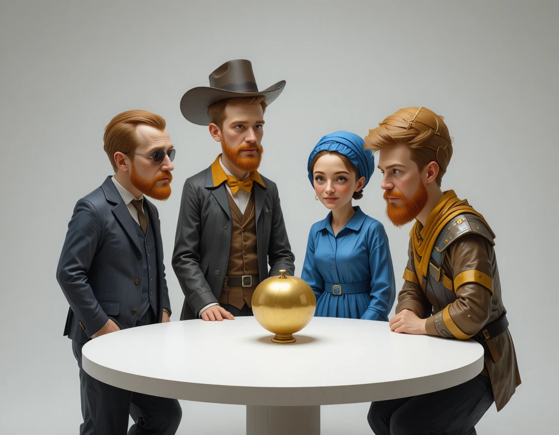 Quatro personagens low poly encaram um único lingote de ouro