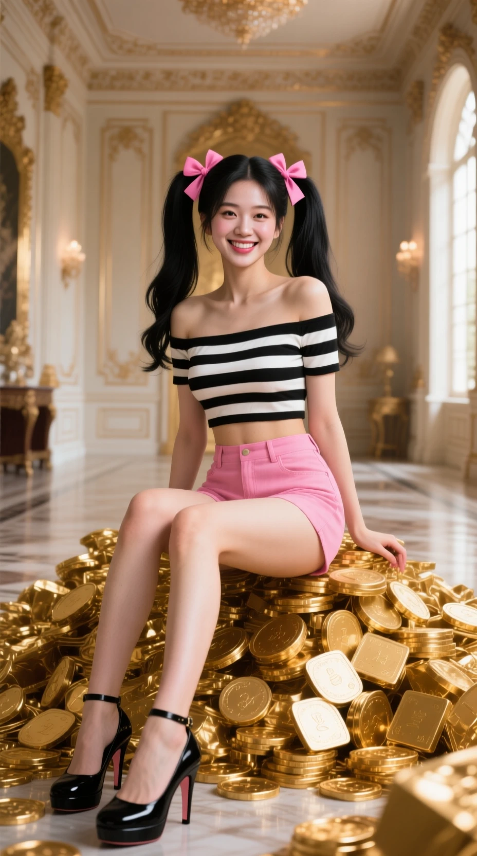 Selbstbewusste Koreanerin sitzt auf Gold in einer luxuriösen Villa