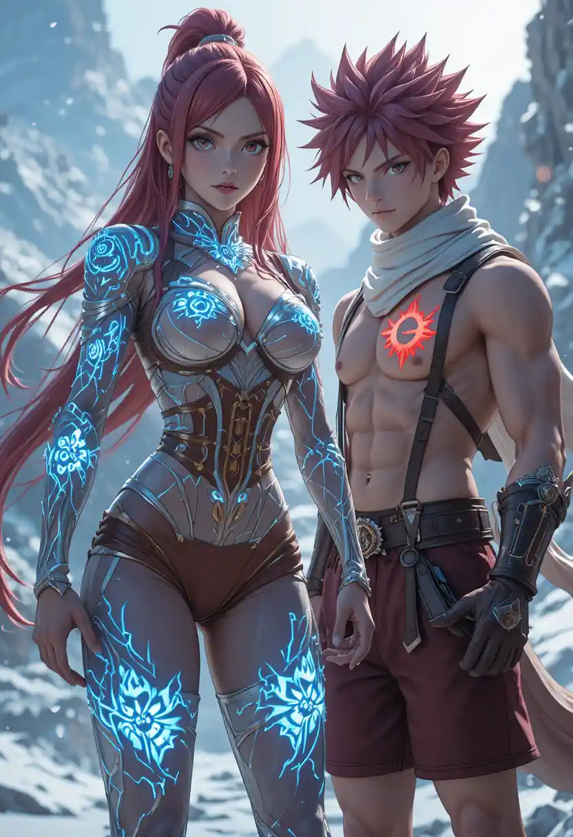 Deux guerriers d’anime s’affrontent sur un champ de bataille insulaire enneigé
