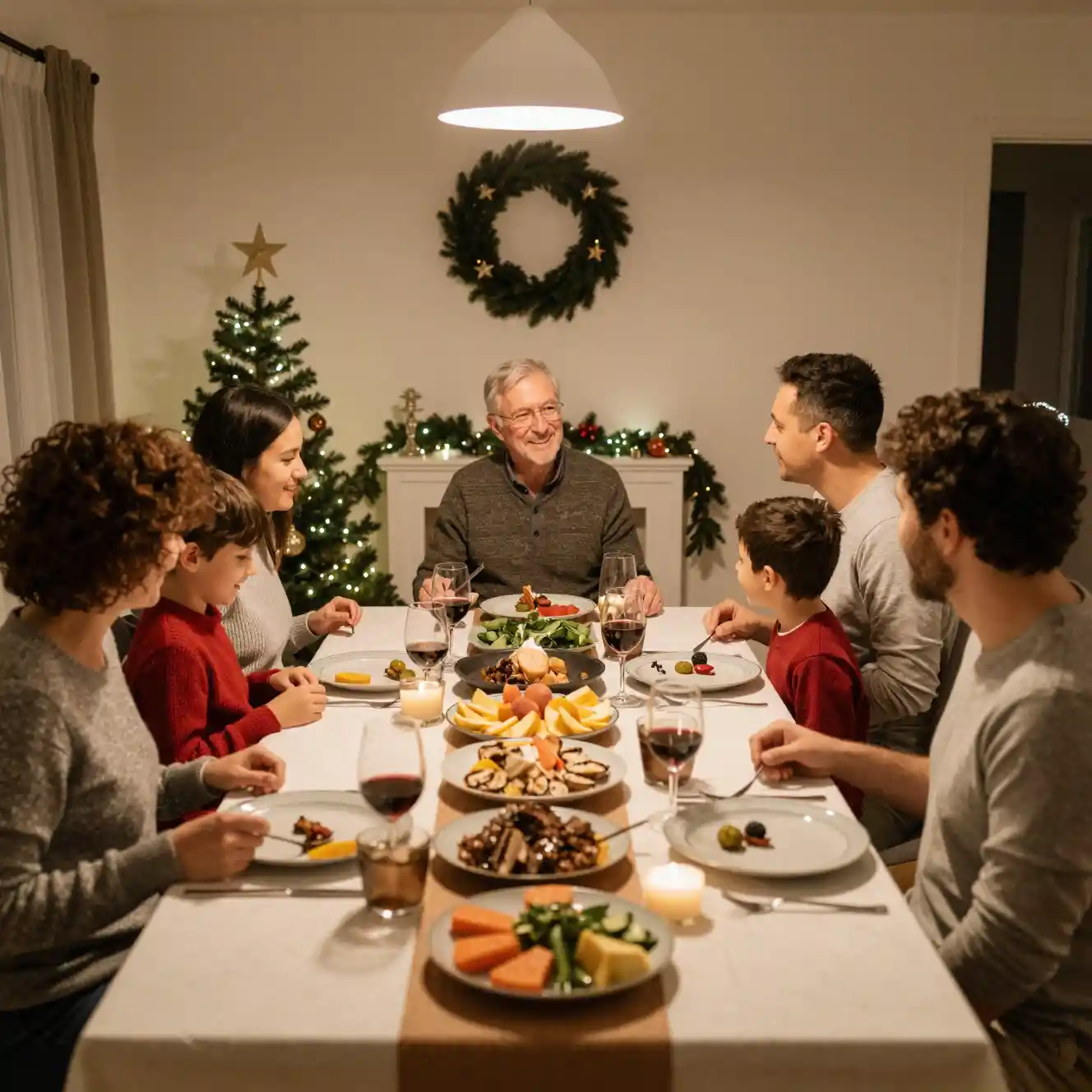 Famiglia che si gode una calda cena di Natale a casa